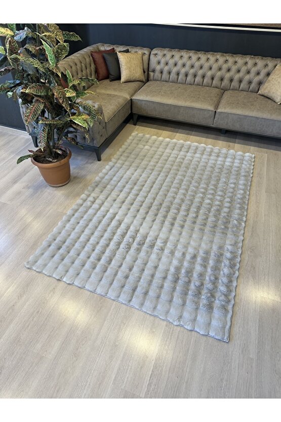 Yumuşak Dokulu Tavşan Tüyü Peluş Yıkanabilir Kaymaz Taban Salon Halısı Çocuk Halısı Gri