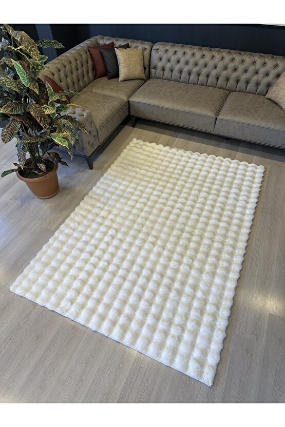 Yumuşak Dokulu Tavşan Tüyü Peluş Yıkanabilir Kaymaz Taban Salon Halısı Çocuk Halısı Beyaz