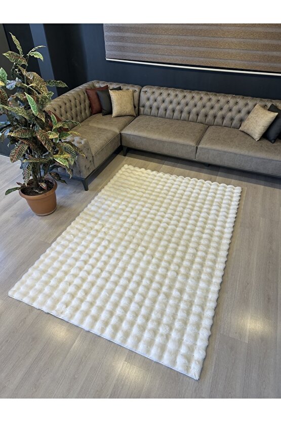 Yumuşak Dokulu Tavşan Tüyü Peluş Yıkanabilir Kaymaz Taban Salon Halısı Çocuk Halısı Beyaz