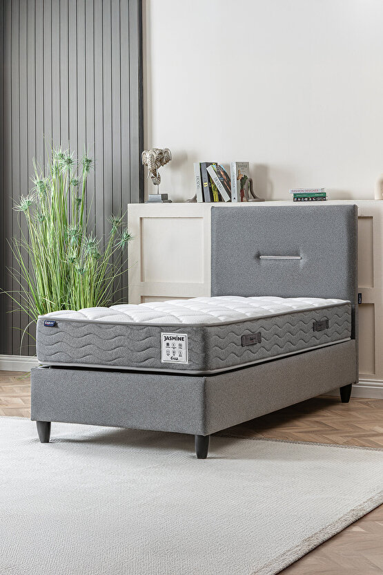 Jasmine Serisi Tek Kişilik Sandıklı Baza ve Başlık Full Ortopedik Paket Yaylı Yatak Tak
