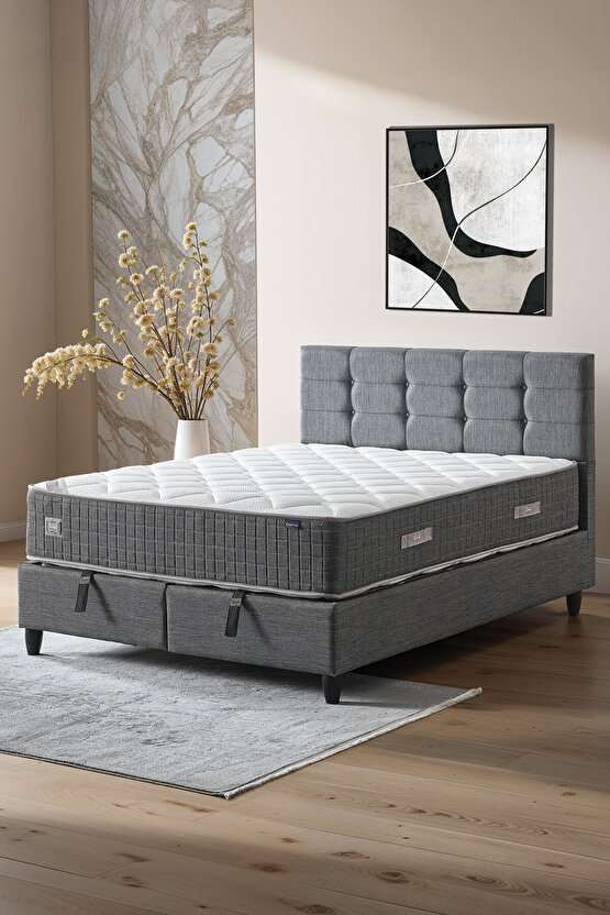 Mimoza Modeli Çift Kişilik Full Ortopedik Yataklı Sandıklı Baza ve Başlık Takımı 3 lü Set