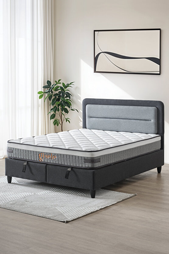 Gisele Modeli Full Ortopedik Çift Kişilik Pedli Yataklı Baza ve Başlık Takımı 3 lü Set