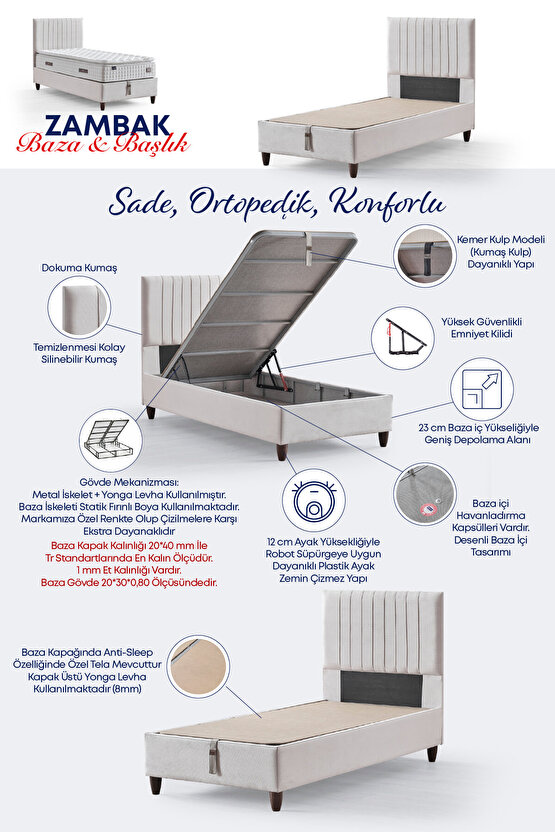 Zambak Tek Kişilik Sandıklı Baza + Full Ortopedik Antibakteriyel Pedli Yatak + Başlık 3 lü Set