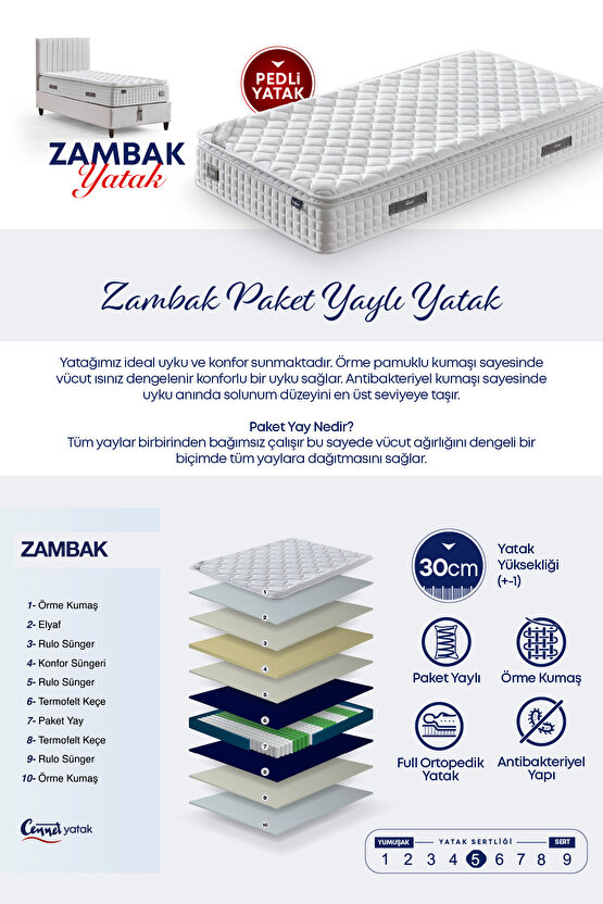 Zambak Tek Kişilik Sandıklı Baza + Full Ortopedik Antibakteriyel Pedli Yatak + Başlık 3 lü Set