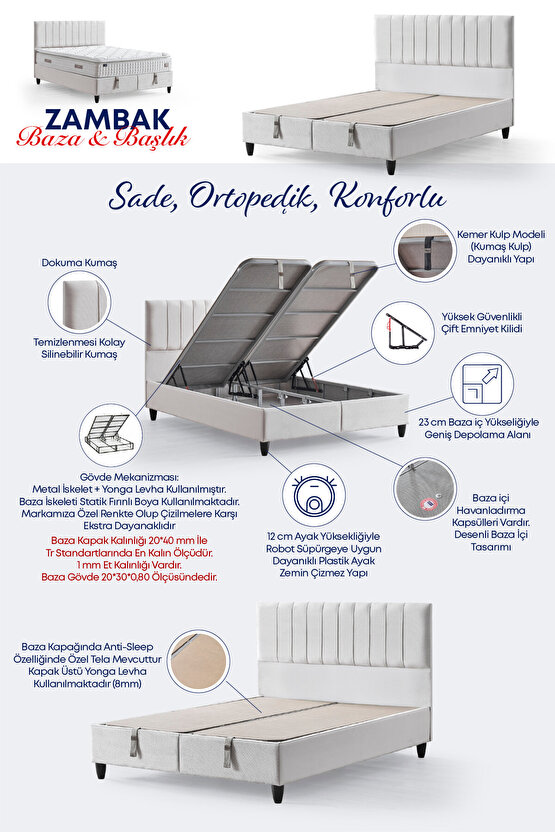 Zambak Modeli Full Ortopedik Çift Kişilik Pedli Yataklı Baza ve Başlık Takımı 3 lü Set