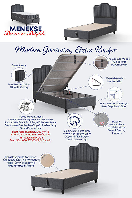 Menekşe Modeli Tek Kişilik Antibakteriyel Full Ortopedik Yatak, Baza ve Başlık 3 lü Set