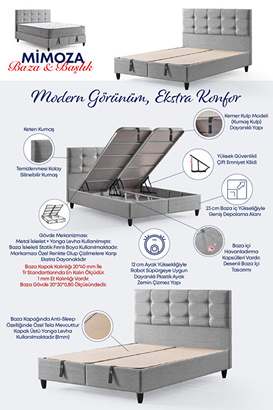 Mimoza Modeli Çift Kişilik Full Ortopedik Yataklı Sandıklı Baza ve Başlık Takımı 3 lü Set