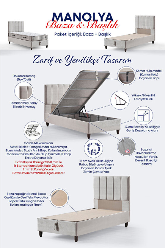 Manolya Serisi Tek Kişilik Sandıklı Baza ve Başlık + Full Ortopedik Paket Yaylı Yatak Takımı 3 lü Se