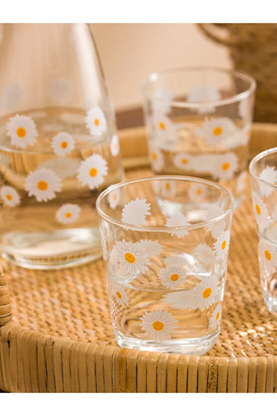 Beyaz Çiçek Baskılı Cam Sürahi Seti - 1000 Ml