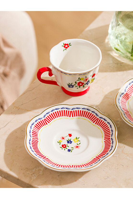 Çiçek Baskılı 2 Kişilik Porselen Kahve Fincan Takımı 90 Ml (W5)