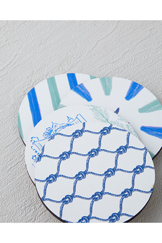 Seafood Ahşap 4lü Bardak Altlığı 10 cm Renkli