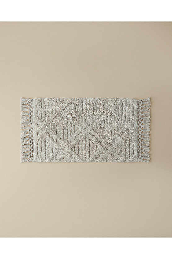 Tassel Check Pamuklu Püsküllü Banyo Paspası Bej