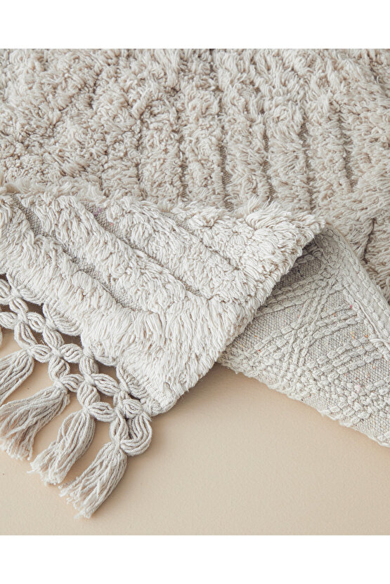 Tassel Check Pamuklu Püsküllü Banyo Paspası Bej