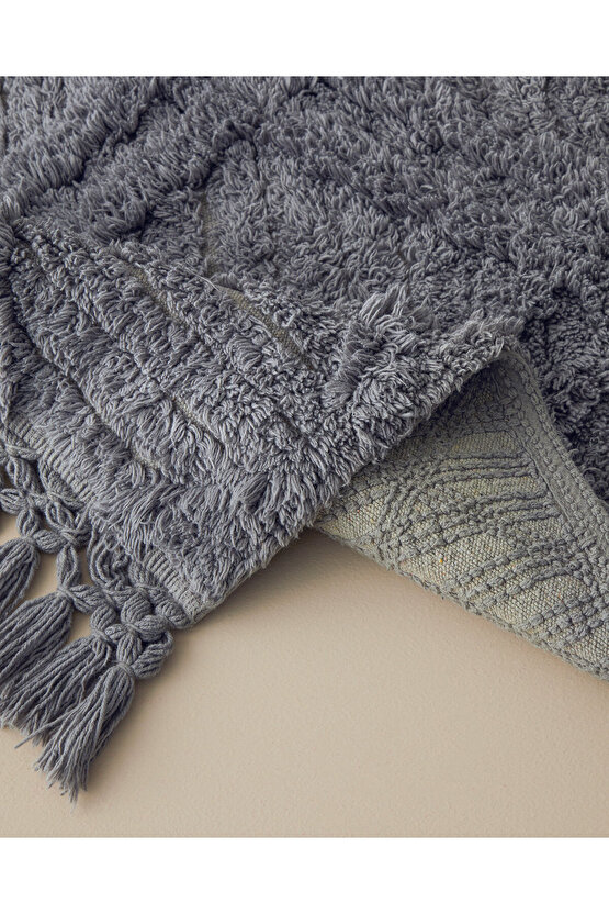 Tassel Check Pamuklu Püsküllü Banyo Paspası Gri