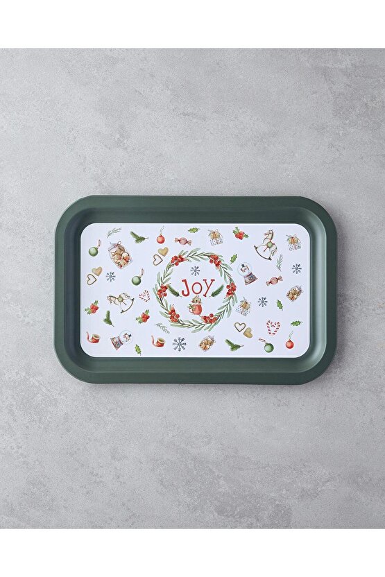 New Year Joy Metal Tepsi 35x23 cm Yeşil