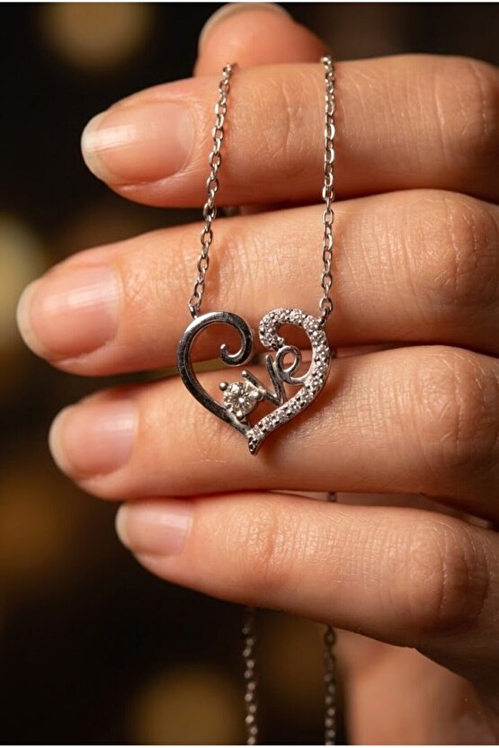 Taşlı Love Kalp Kolye