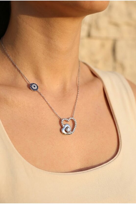 Tek Taşlı Çift Kalpli Kolye