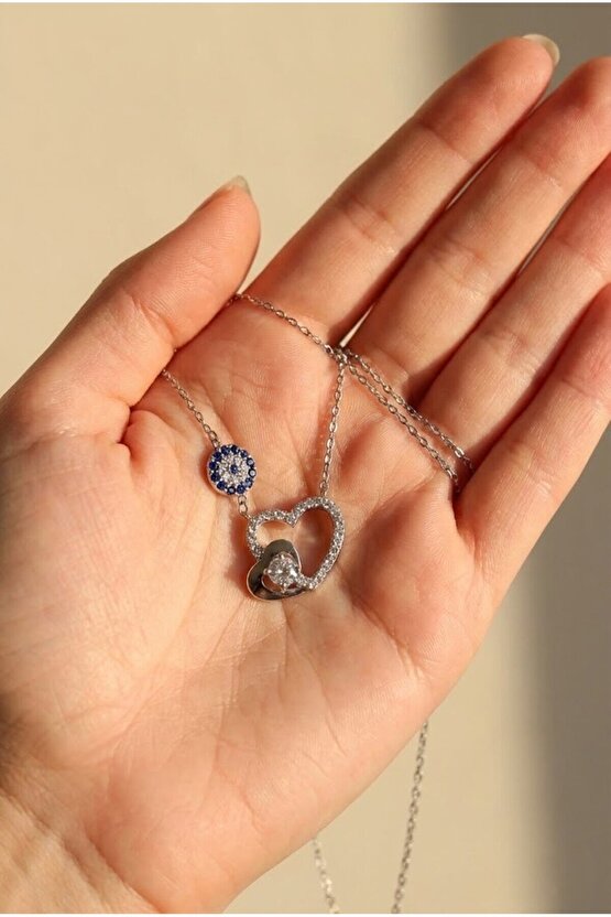 Tek Taşlı Çift Kalpli Kolye