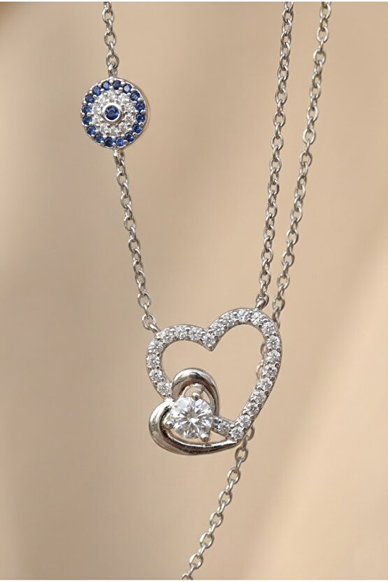 Tek Taşlı Çift Kalpli Kolye