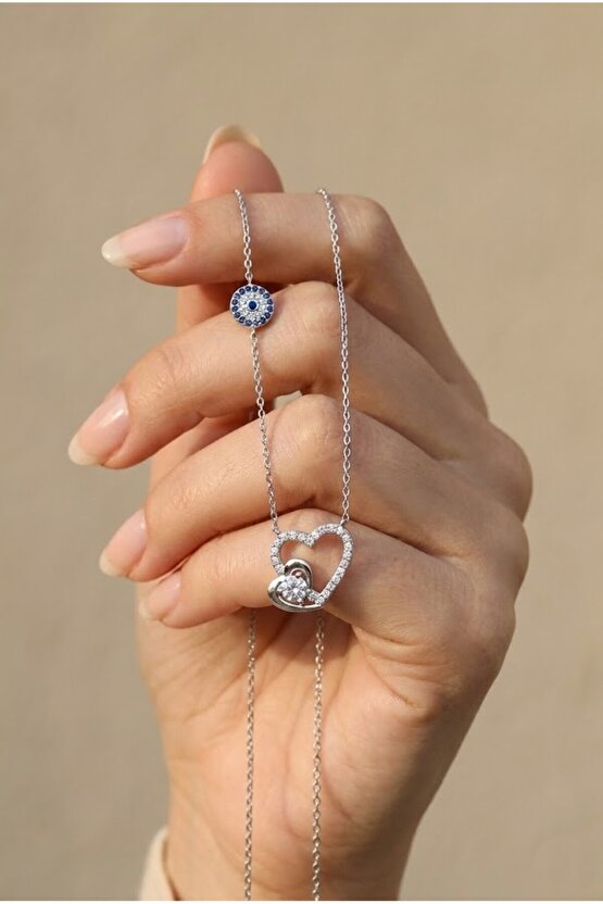 Tek Taşlı Çift Kalpli Kolye