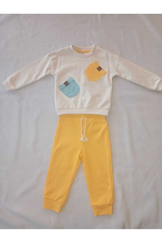 Krem 2 cepli sarı eşofmanlı 2li takım