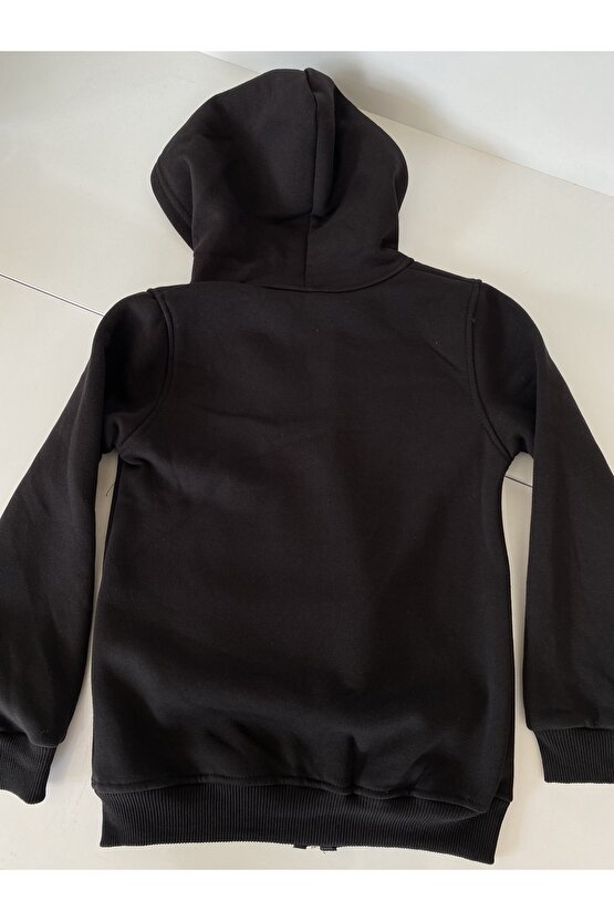 Siyah Baskılı Fermuarlı Kapşonlu Ceket