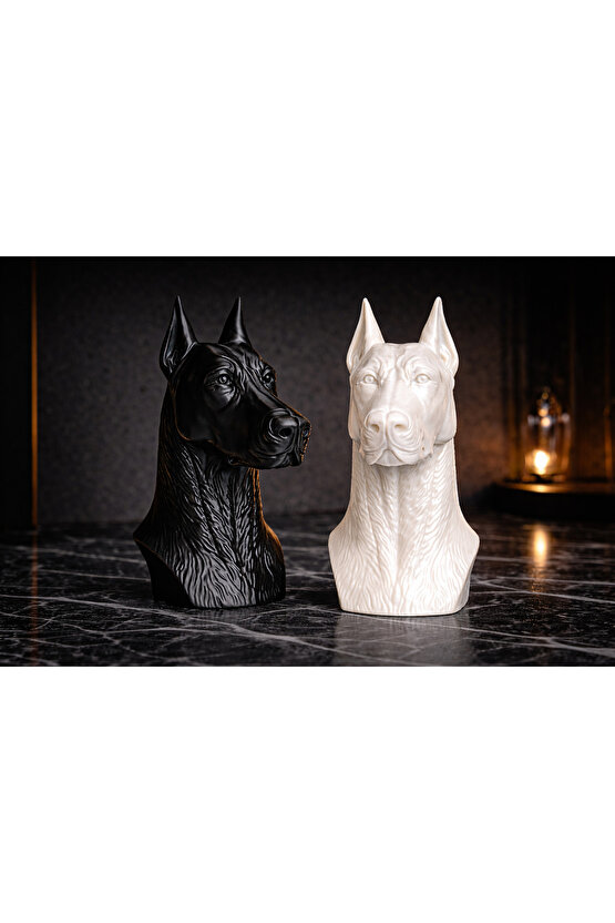 Dekoratif Doberman Büst Biblo – Siyah & Sedefli Beyaz – Modern Duvar ve Masa Üstü Ev Dekoru 20 cm