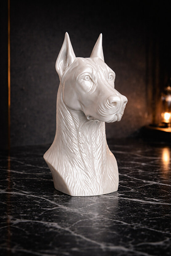 Dekoratif Doberman Büst Biblo – Siyah & Sedefli Beyaz – Modern Duvar ve Masa Üstü Ev Dekoru 20 cm