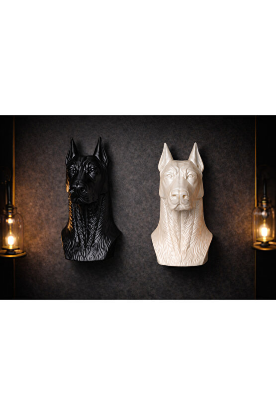Dekoratif Doberman Büst Biblo – Siyah & Sedefli Beyaz – Modern Duvar ve Masa Üstü Ev Dekoru 20 cm