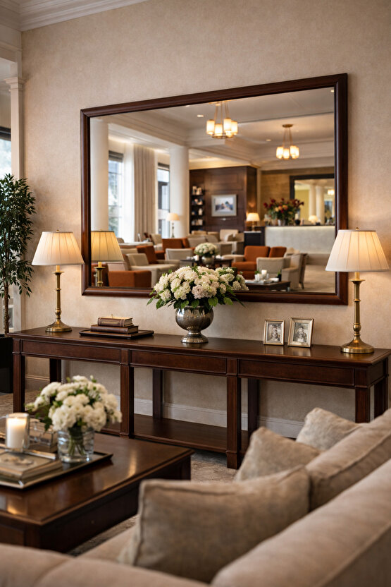 Ahşap Görünüm Kahverengi Çerçeveli Duvar Aynası-Özel Ölçü Seçenekleri-3cm Çerçeve Genişliği