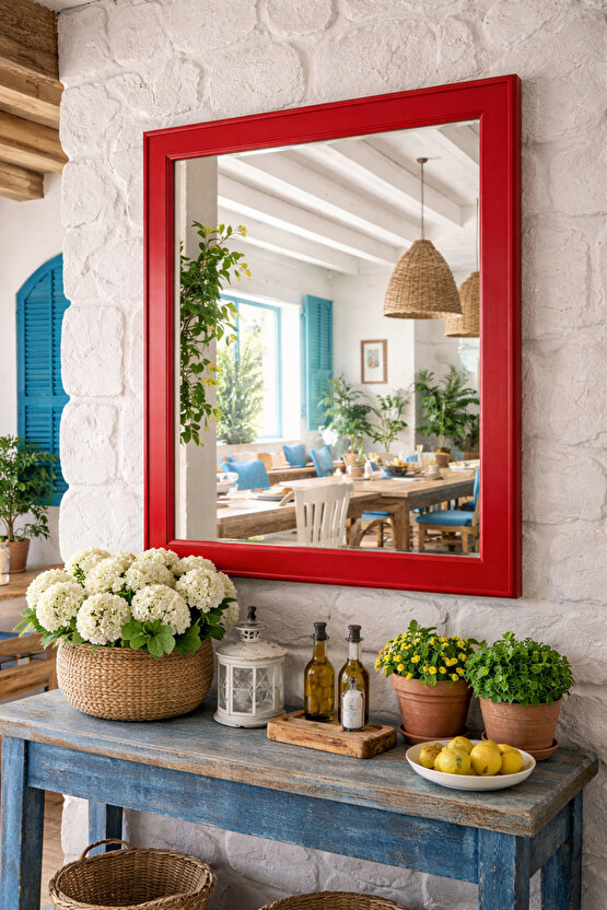 Kırmızı Çerçeveli Duvar Aynası - Dekoratif Ayna - Özel Ölçü - 5cm Çerçeve Genişliği