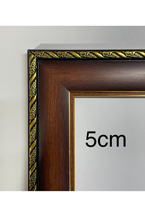 Kahverengi Ahşap Görünümlü Gold Altın Detaylı Çerçeveli Ayna 5cm Genişlikte Çerçeve-Klasik Lüx Ayna