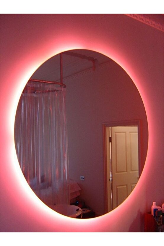 60 Cm Kırmızı Ledli Yuvarlak Banyo Aynası Makyaj Aynası Trafolu