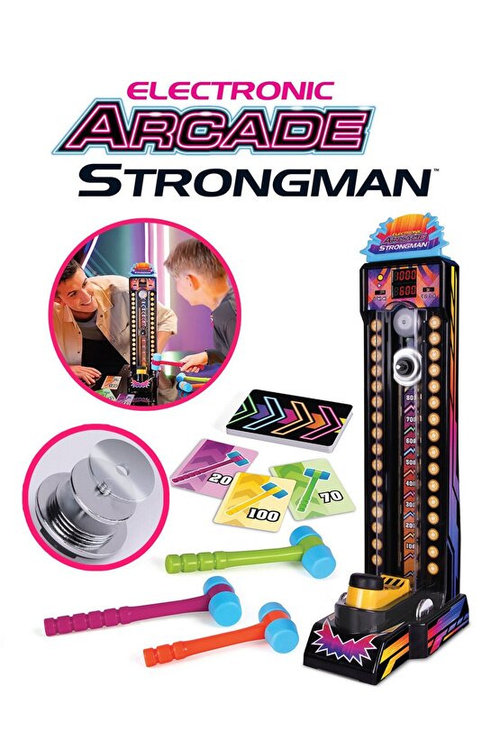 Sesli Elektronik Strongman Çekiç Oyunu 50 cm - 4 Modlu, Skor Göstergeli, 3 Çekiçli Arcade