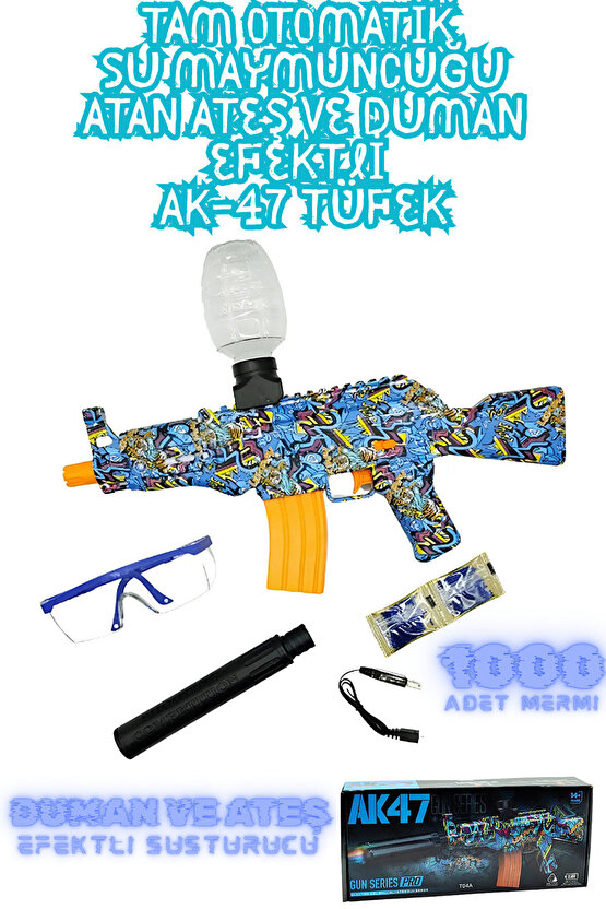 Oyuncak Tam Otomatik Su Jeli Atan AK-47 Tüfek Ateş ve Duman Efektli 1000 Adet Mermi