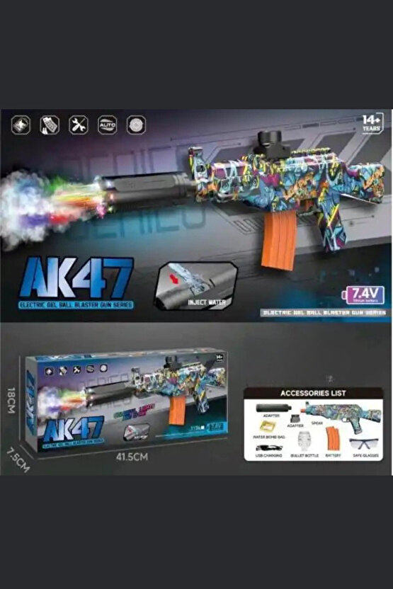 Oyuncak Tam Otomatik Su Jeli Atan AK-47 Tüfek Ateş ve Duman Efektli 1000 Adet Mermi