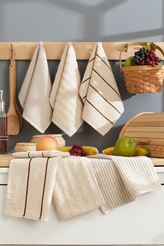 6 Parça %100 Pamuk 30 x 50cm Bej Mutfak Havlusu Seti Mutfak Kurulama Bezi Seti