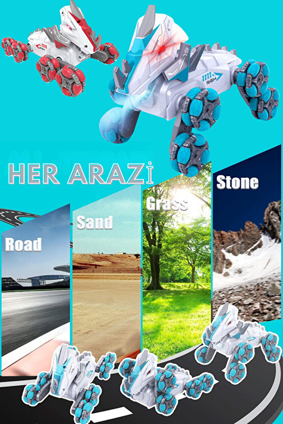 Uzaktan Kumandalı Full Fonksiyon Şarjlı 2,4G 8 Teker Buhar Atan Dinozor Kamyonet Stunt Araba +3