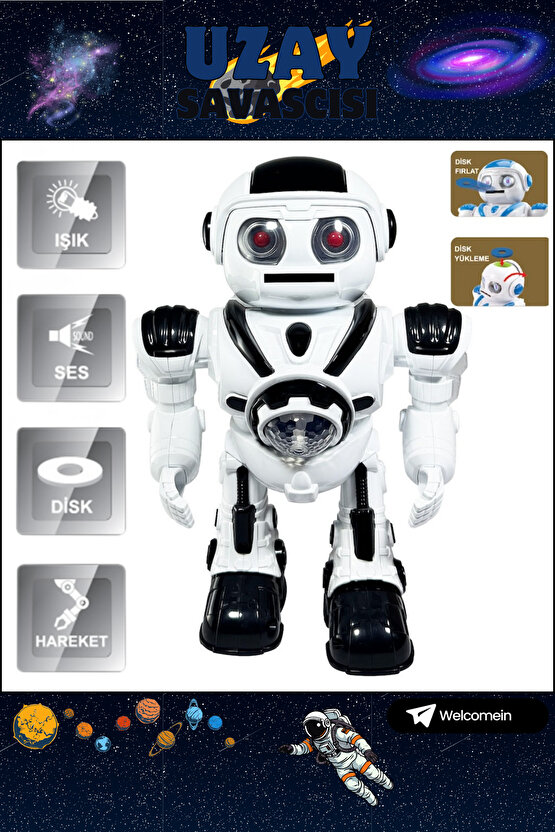 Siyah Büyük Boy Disk Atan Yürüyen Oyuncak Uzay Savaşçısı Robot Sesli Işıklı ve Pilli Robot +3 Yaş