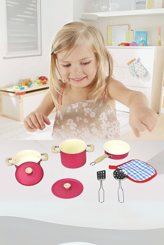 Oyuncak 8 Parça Pembe Emaye Tencere Tava Seti