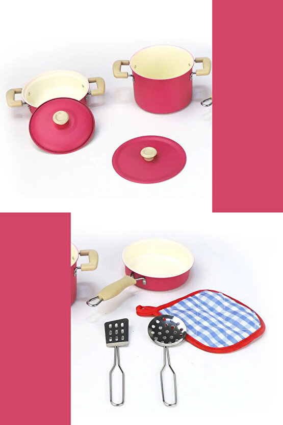 Oyuncak 8 Parça Pembe Emaye Tencere Tava Seti