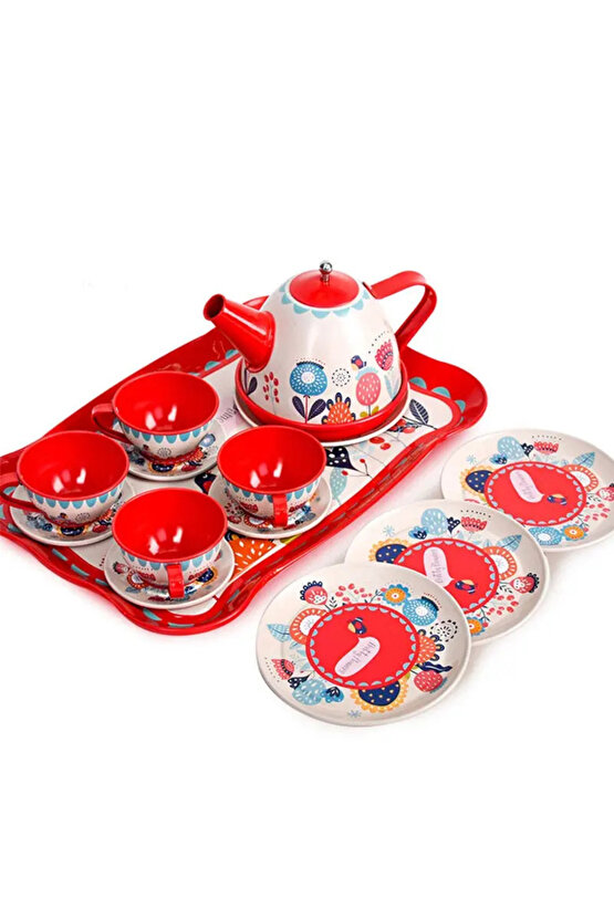 Oyuncak Evcilik Oyunu Aktivite 15 Parça Çiçekli Renkli Metal Çay Seti