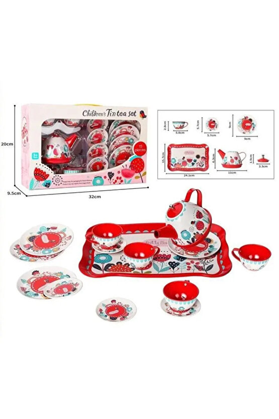 Oyuncak Evcilik Oyunu Aktivite 15 Parça Çiçekli Renkli Metal Çay Seti