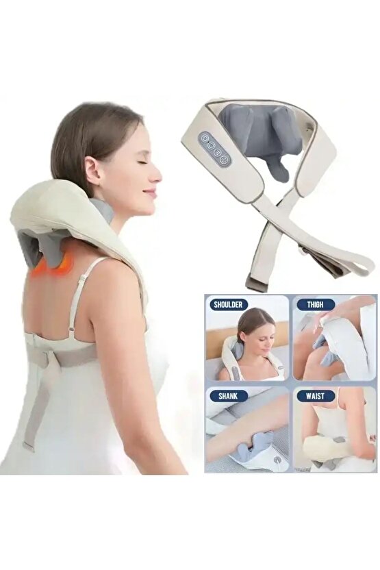 Elektrikli ısıtmalı ovmalı boyun ve sırt masaj cihazı kablosuz bej rengi