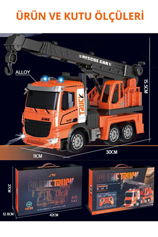 Oyuncak 2.4GHz Full Fonksiyon Uzaktan Kumandalı 1:12 Ölçek Işıklı ve Sesli Şarjlı Vinç İnşaat Aracı