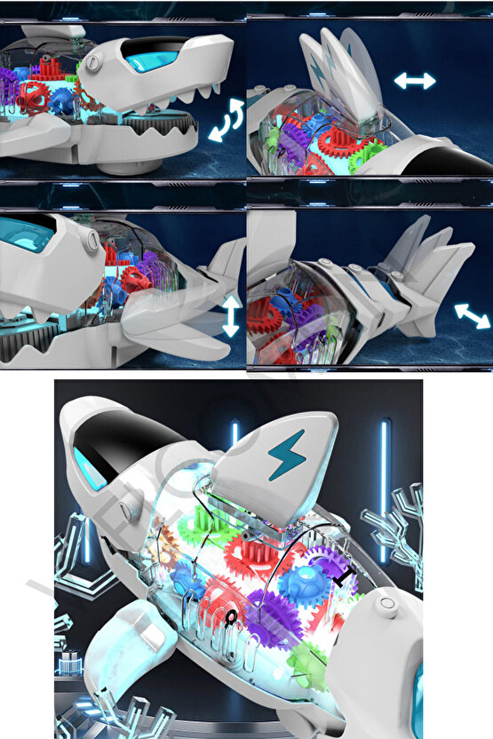 Oyuncak Işıklı Müzikli Ve Hareketli Robot Köpek Balığı Mekanik Aksamı Şeffaf