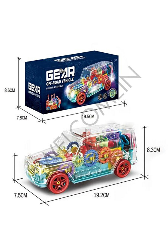 Oyuncak Şeffaf Görünümlü Kırılmaz Pilli Dişli Çarklı Sesli ve Işıklı Jeep Araba