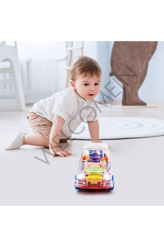 Oyuncak Şeffaf Görünümlü Kırılmaz Pilli Dişli Çarklı Sesli ve Işıklı Jeep Araba