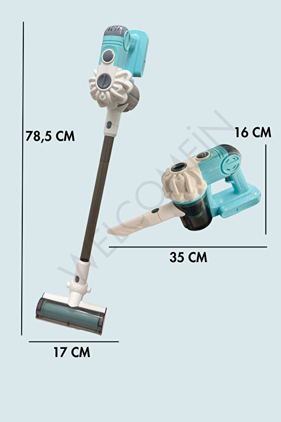 Mavi Kablosuz Model Oyuncak Süpürge Dikey Süpürge Seti 3 Başlıklı Pilli Temizlik Aktivite