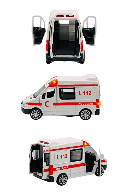Kutulu Oyuncak Lisanslı Metal Çek Bırak Mercedes Ambulans 1:30 Ölçek Sesli Ve Işıklı Kapıları Açılan